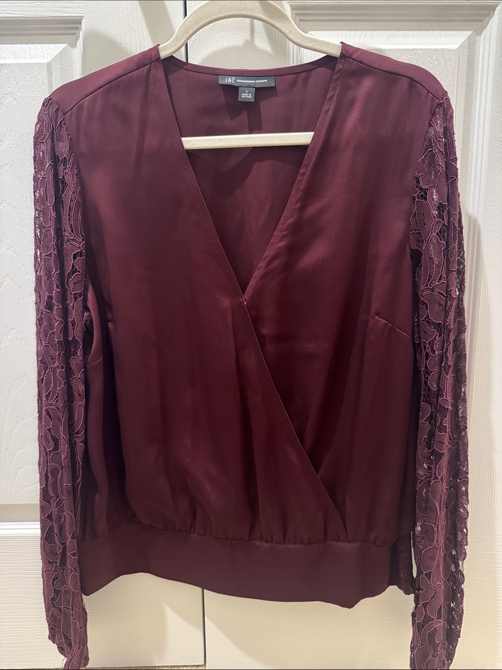 INC International Concepts Maroon Lace-Sleeve Wrap Top
